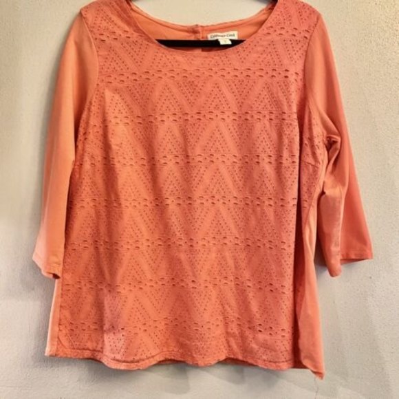 Coldwater Creek Coral Orange Eyelet Button Back Top Size XL 3/4 Length Sleeve - Picture 4 of 8